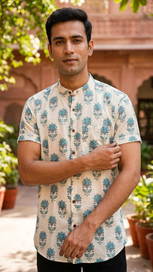 Floral Print Half Sleeve Mandarin Collar Cotton Shirt for Men