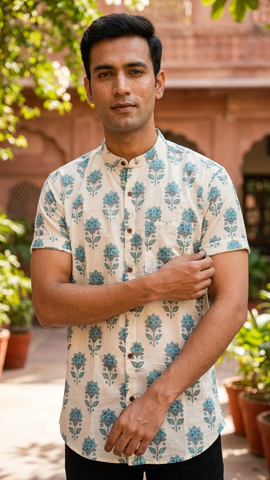 Floral Print Half Sleeve Mandarin Collar Cotton Shirt for Men