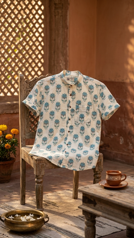 Floral Print Half Sleeve Mandarin Collar Cotton Shirt for Men