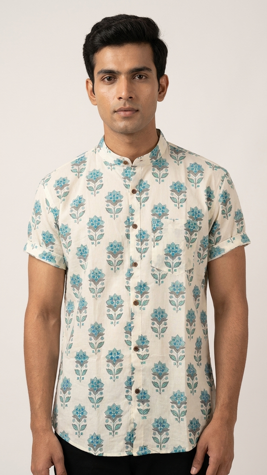 Floral Print Half Sleeve Mandarin Collar Cotton Shirt for Men