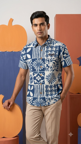 Kartikeya Jaipur Natural Print Indigo Shirt for Men - Limited Edition ( PRE BOOK - DISPATCH BY 23TH SEPTEMBER )