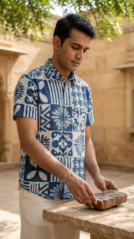 Kartikeya Jaipur Natural Print Indigo Shirt for Men - Limited Edition ( PRE BOOK - DISPATCH BY 23TH SEPTEMBER )