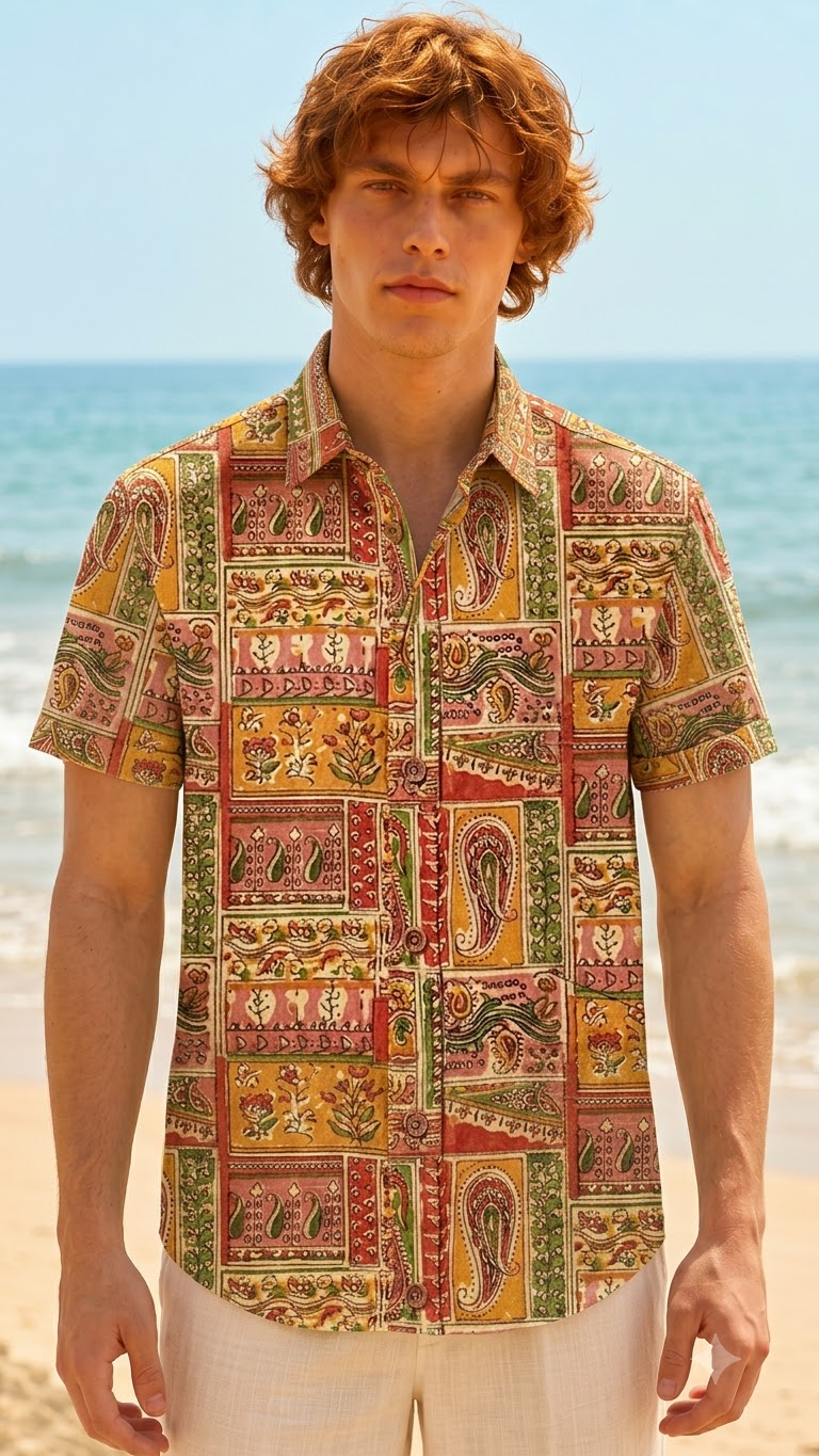 Short Sleeve Kalamkari Print Cotton Shirt For Men