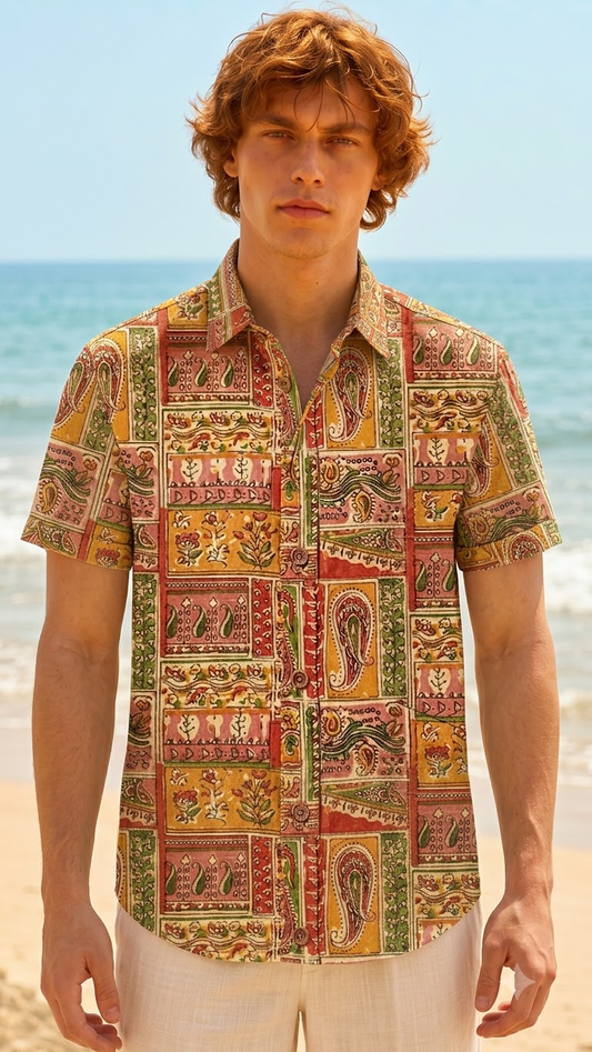 Short Sleeve Kalamkari Print Cotton Shirt For Men