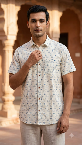 Blue Elephant Print Cotton Shirt Men - By Kartikeya Jaipur