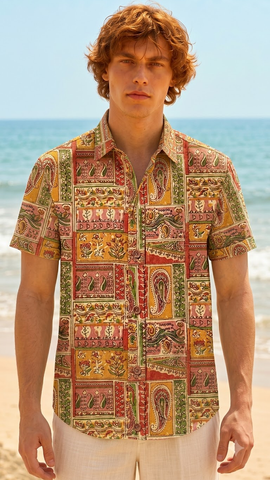 Short Sleeve Kalamkari Print Cotton Shirt For Men