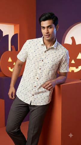 Blue Elephant Print Cotton Shirt Men - By Kartikeya Jaipur