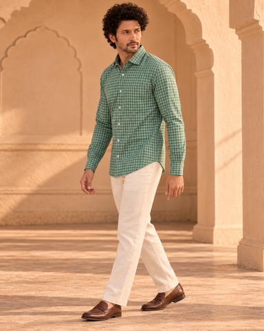 Olive Green Checkered Full Sleeve Shirt for Men