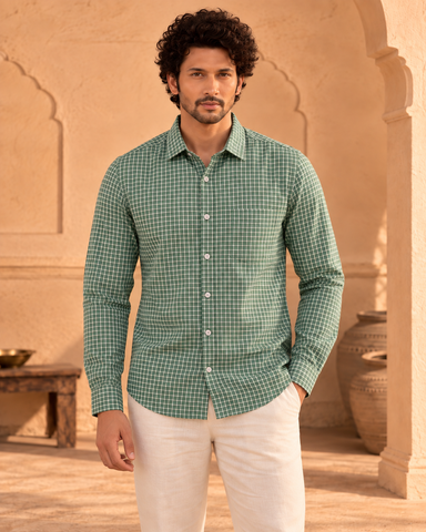 Olive Green Checkered Full Sleeve Shirt for Men