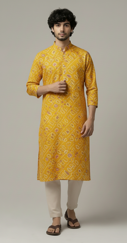 Yellow Bandhani Print Cotton Long Kurta for Men