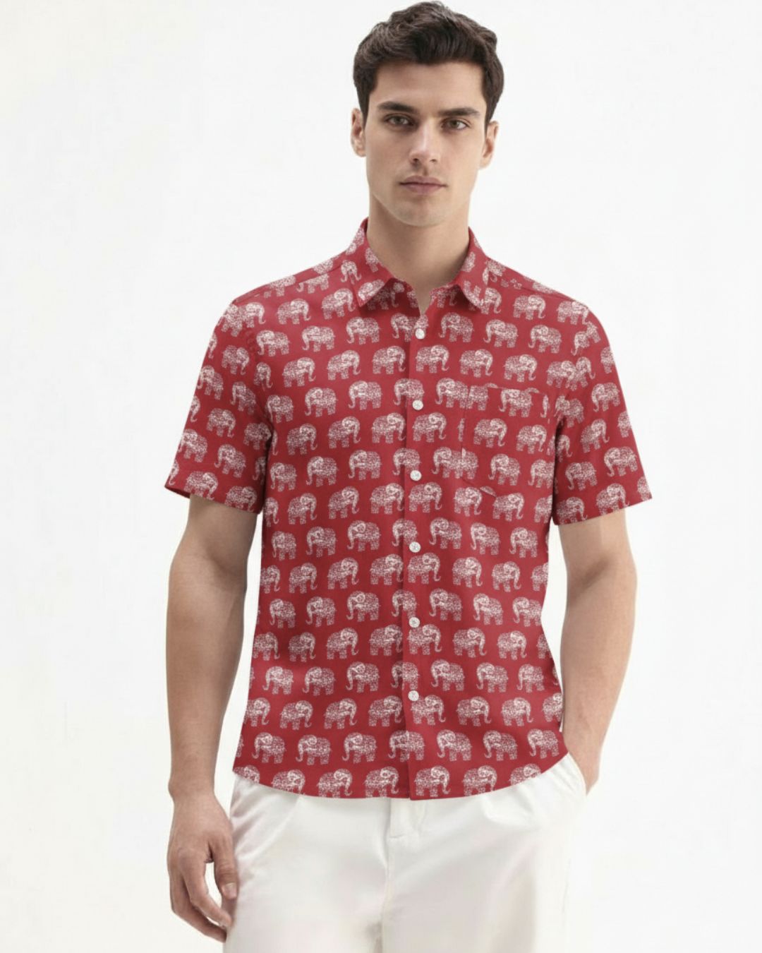 Red Elephant Print Classic Cotton Men's Shirt