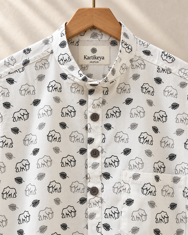 Small Elephant Print Half Sleeve Cotton Short Kurta for Men - Black