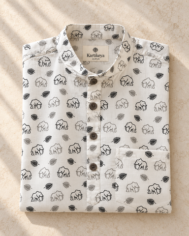 Small Elephant Print Half Sleeve Cotton Short Kurta for Men - Black