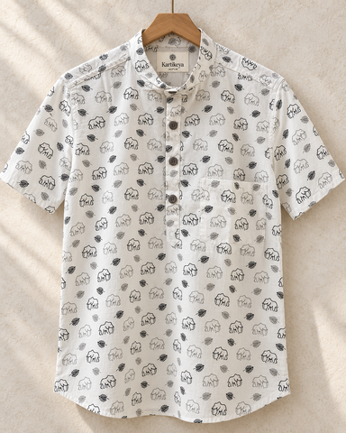 Small Elephant Print Half Sleeve Cotton Short Kurta for Men - Black