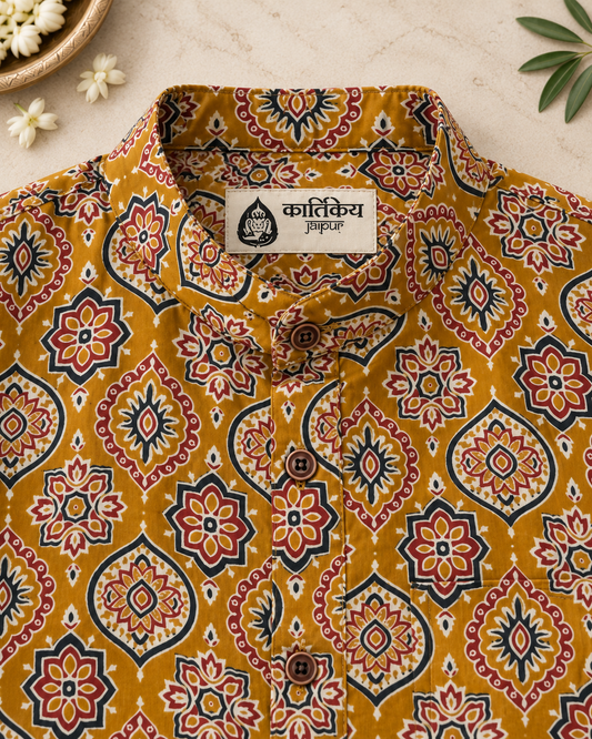 Kalamkari Print Half Sleeve Cotton Short Kurta for Men