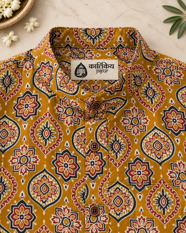 Kalamkari Print Half Sleeve Cotton Short Kurta for Men