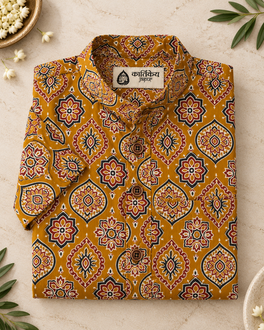 Kalamkari Print Half Sleeve Cotton Short Kurta for Men