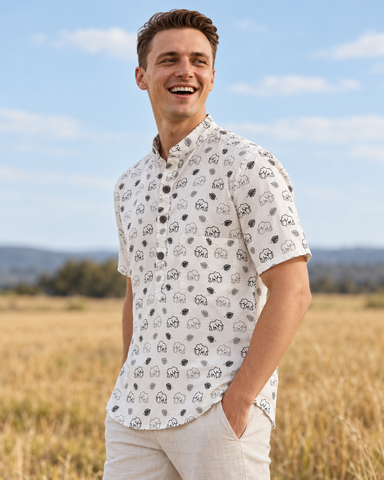Small Elephant Print Half Sleeve Cotton Short Kurta for Men - Black