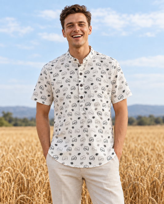 Small Elephant Print Half Sleeve Cotton Short Kurta for Men - Black