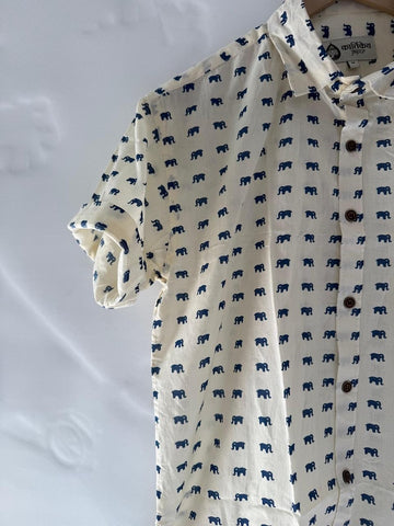 Cotton Half Sleeve Mini Elephant Print Shirt for Men - Blue