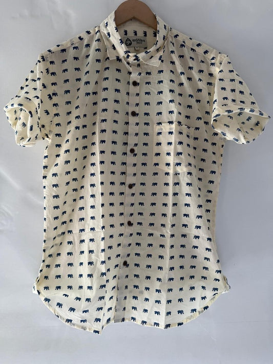 Cotton Half Sleeve Mini Elephant Print Shirt for Men - Blue