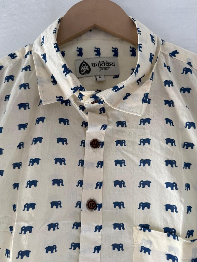 Cotton Half Sleeve Mini Elephant Print Shirt for Men - Blue