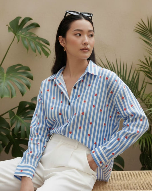 Women Conversational Striped Cotton Causal Shirt