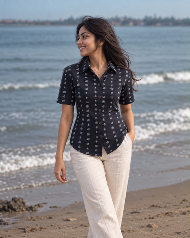 Tamil Alphabet Half Sleeves Classic Shirt for Women - Black