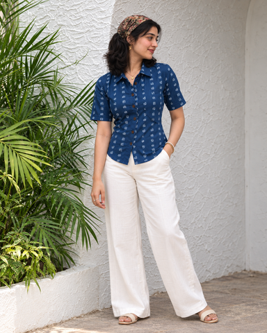 Tamil Alphabet Half Sleeves Classic Shirt for Women - Blue