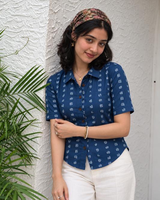 Tamil Alphabet Half Sleeves Classic Shirt for Women - Blue