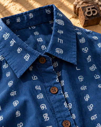 Tamil Alphabet Half Sleeves Classic Shirt for Women - Blue
