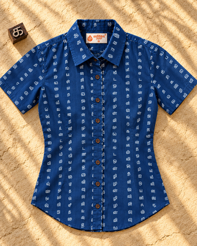 Tamil Alphabet Half Sleeves Classic Shirt for Women - Blue