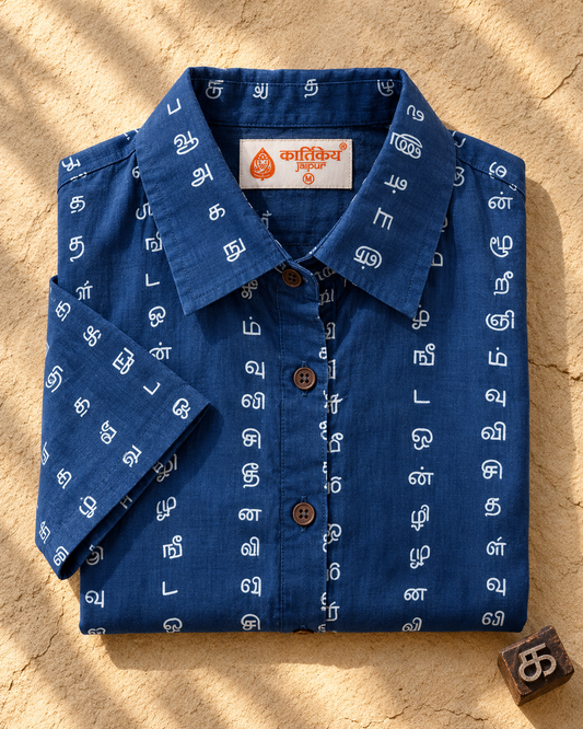 Tamil Alphabet Half Sleeves Classic Shirt for Women - Blue