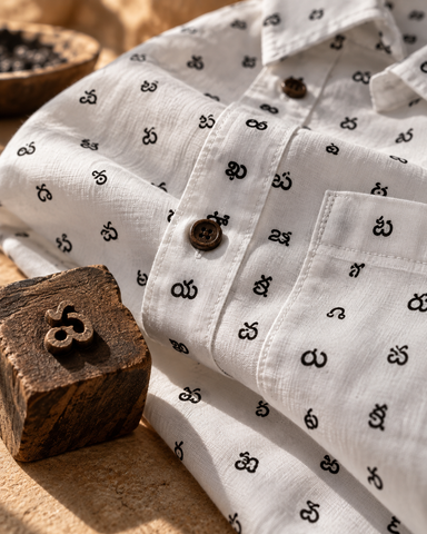 Classic Telugu Alphabets Block Print Cotton Men's Shirt Half - Organic