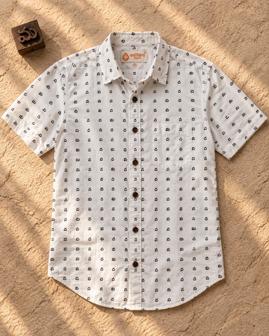 Classic Telugu Alphabets Block Print Cotton Men's Shirt Half - Organic