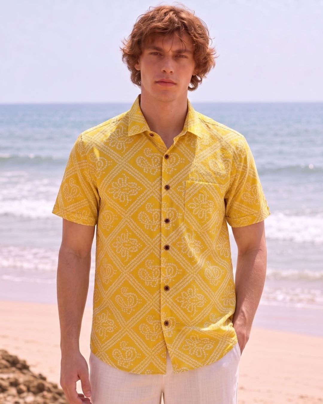 Cotton Half Sleeve Bandhej Haldi Print Shirt for Men