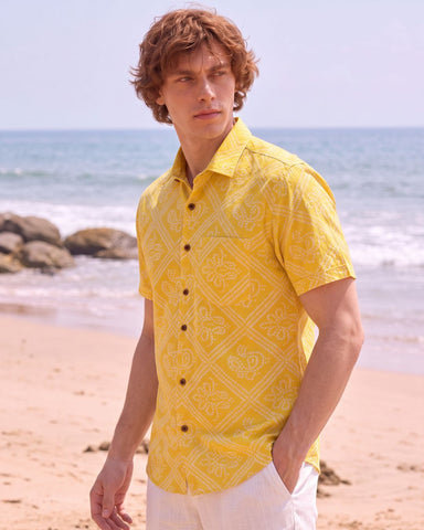 Cotton Half Sleeve Bandhej Haldi Print Shirt for Men