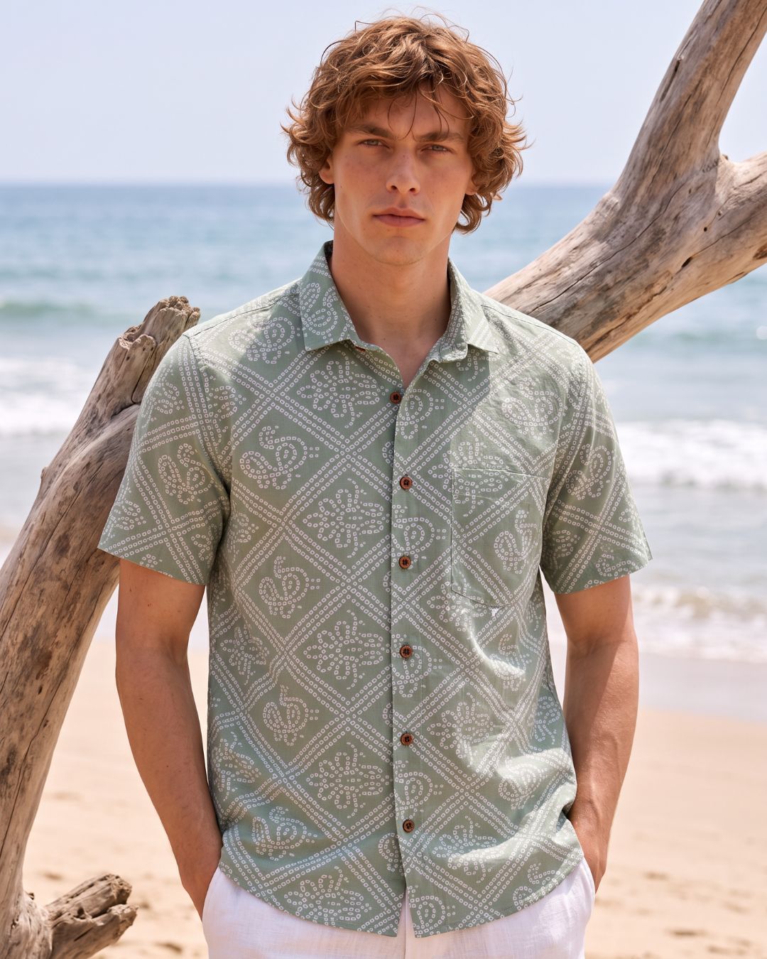 Bandhani Print Half Sleeves Shirt For Men (Granite Green)