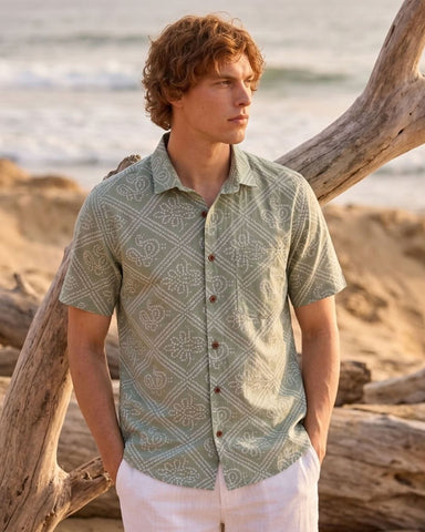 Bandhani Print Half Sleeves Shirt For Men (Granite Green)
