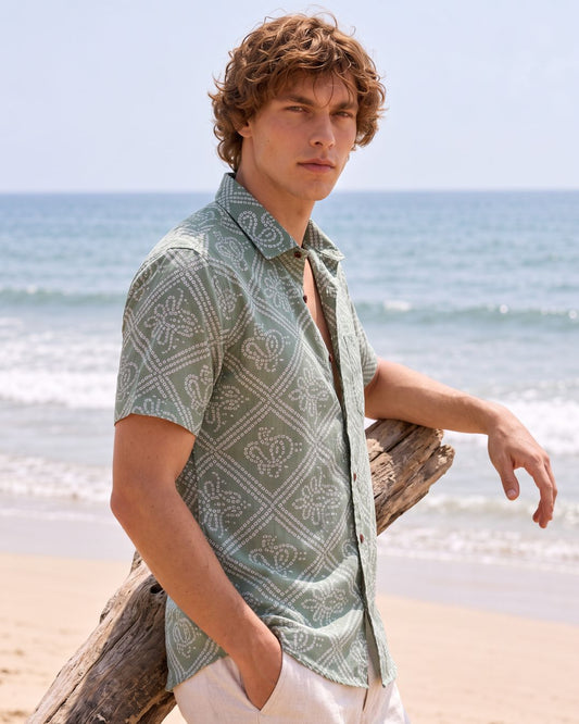 Bandhani Print Half Sleeves Shirt For Men (Granite Green)