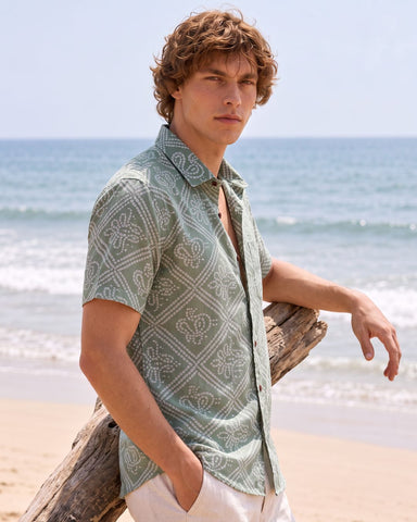 Bandhani Print Half Sleeves Shirt For Men (Granite Green)