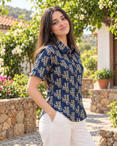 अक्षरमाला Cotton Half Sleeve Shirt for Women - Blue