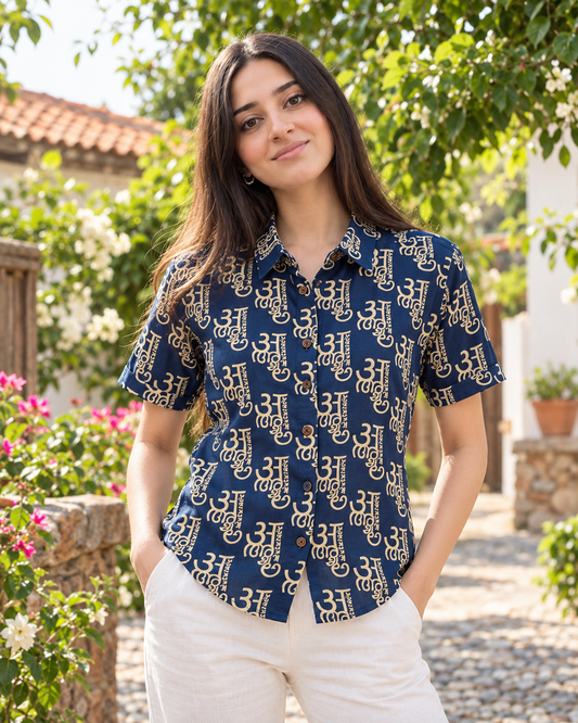 अक्षरमाला Cotton Half Sleeve Shirt for Women - Blue