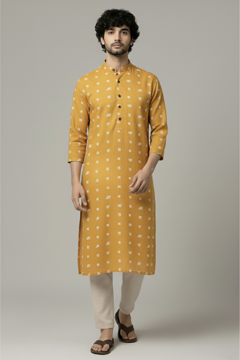 Yellow Bangla Alphabets Print Cotton Long Kurta
