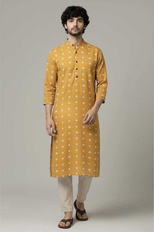 Yellow Bangla Alphabets Print Cotton Long Kurta