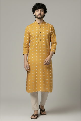 Yellow Bangla Alphabets Print Cotton Long Kurta
