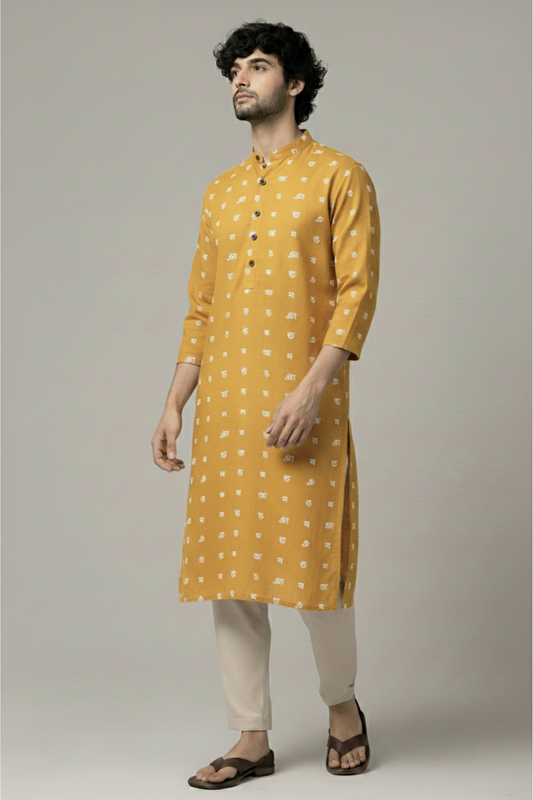 Yellow Bangla Alphabets Print Cotton Long Kurta