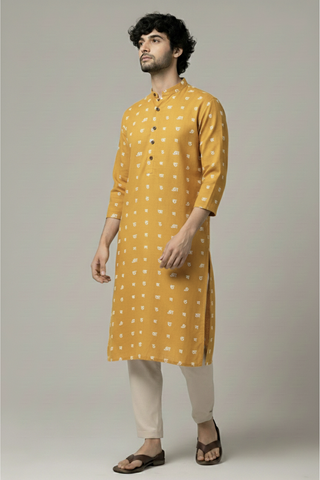 Yellow Bangla Alphabets Print Cotton Long Kurta
