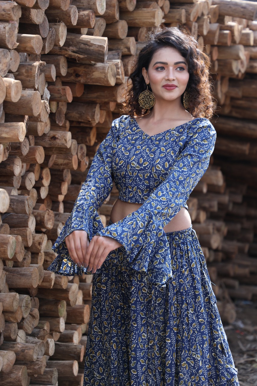 DIAMO Girls' Jaipuri Rajasthani Hand Block Print Ethnic Wear Pure Cotton  Lehenga Choli(Skirt & Top) - DIAMO - 3373461