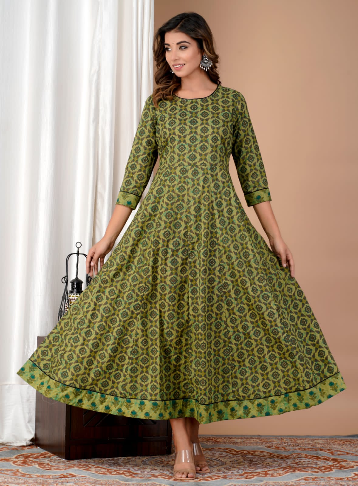 Buy Greyish Blue Anarkali Dress In Cotton With Printed Jaipur Inspired  Patola Motifs And Short Puff Sleeves Online - Kalki Fashion